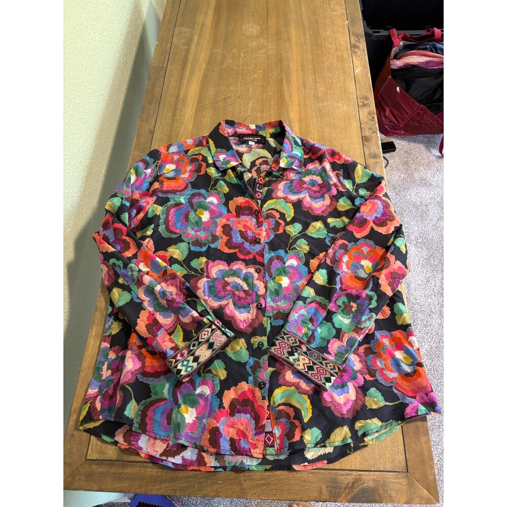 Johnny Was Workshop Shirt Womens L Multicolor Floral Silk Embroidered Cuff Boho - Picture 2 of 12